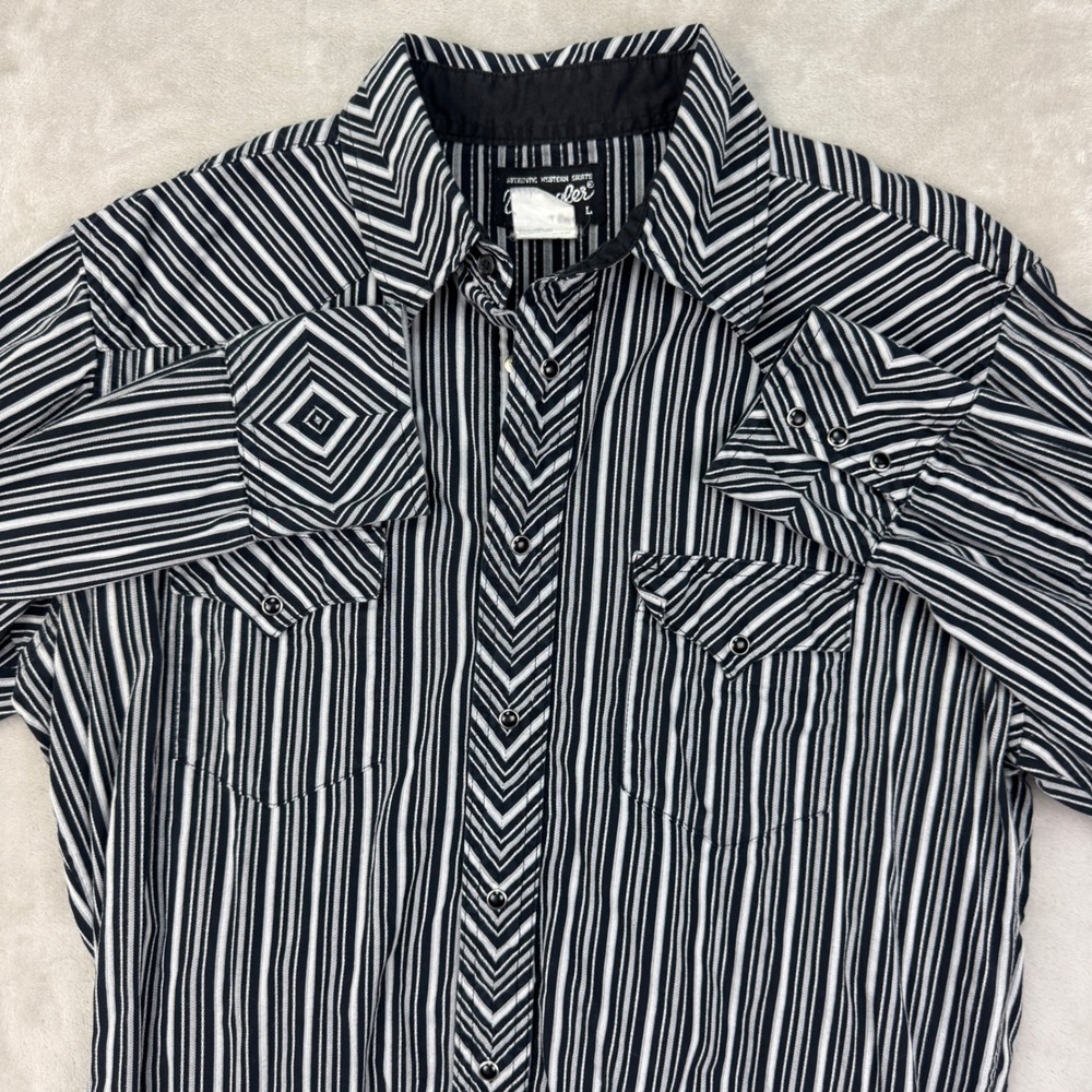 Vintage Y2K Wrangler Striped Western Pearl Snap Shirt Mens L Black White Chevron